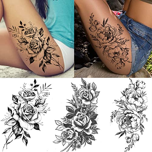 11 Sheets Nezar Large Vine Peony Flower Rose Full Arm Temporary Tattoos For Women Realistic Skull Skeleton Fake Temporary Tattoo Sleeves Stickers Waterproof Leg Makeup Floral Blossom Tatoos Paper Eye #TOP3