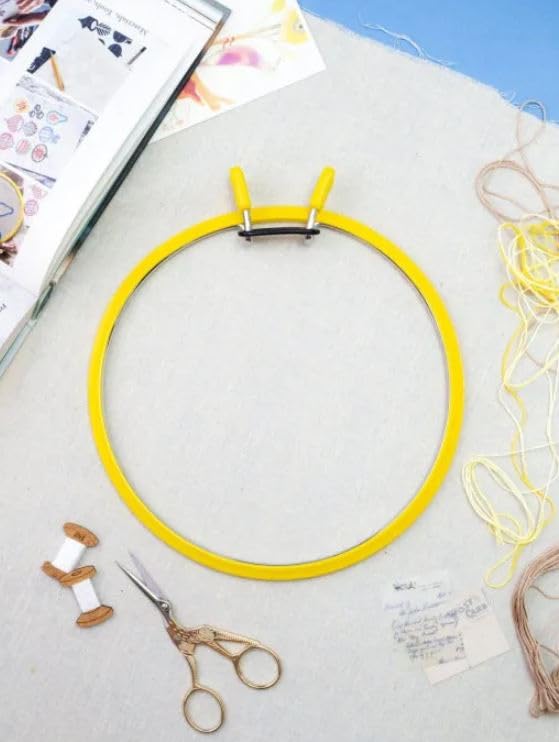 Image of Nurge Metal Embroidery Hoops - Premium Spring Tension Embroidery Hoop for Cross Stitch - Durable Ring with Quick Release Safety Clip - Ideal for Crafters,Beginners & Professionals - Yellow - Size Mix