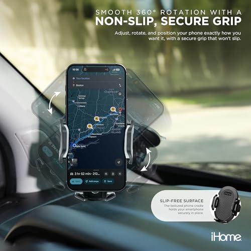 Image of iHome Car Mount, Dashboard /Windshield /Vent Mount, Swivel Neck, Silicone Grip, Adjustable Mount Arm with Suction Cup Base (Gooseneck Car Mount)