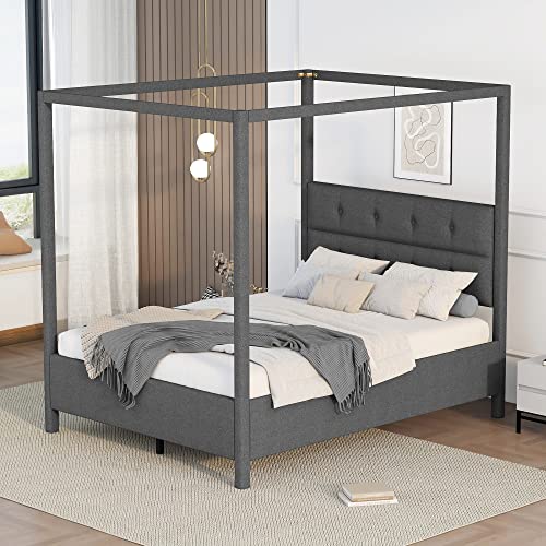Canopy Bed Queen Upholstery 4-Poster Panel Beds Modern Queen Size Bed Frame With Bottom Tufted Headboard & Footboard, No Box Spring Needed, Gray #TOP2