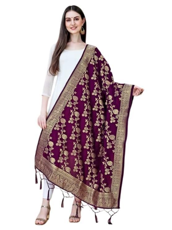 Beautiful Women Floral Banarasi Silk Dupatta Embroidered Thread Work Multi Color Size: 2.25 M by The Great Indian Store