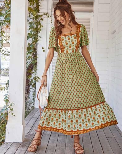 Image of Sister Amy Women's Boho Floral Print Square Neck Beach Party Flowy Ruffle Midi Dress
