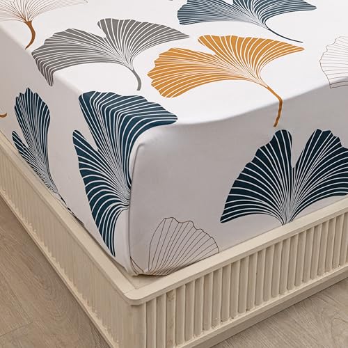Image of HOMEMONDE Premium Cotton King Size Bedsheet 108 x 108 Inch, 210 TC Leaf Printed Flat Sheet with 2 Pillow Covers, Mustard & Grey, Premium Gift Box Included | Perfect for Home Decor & Gifting