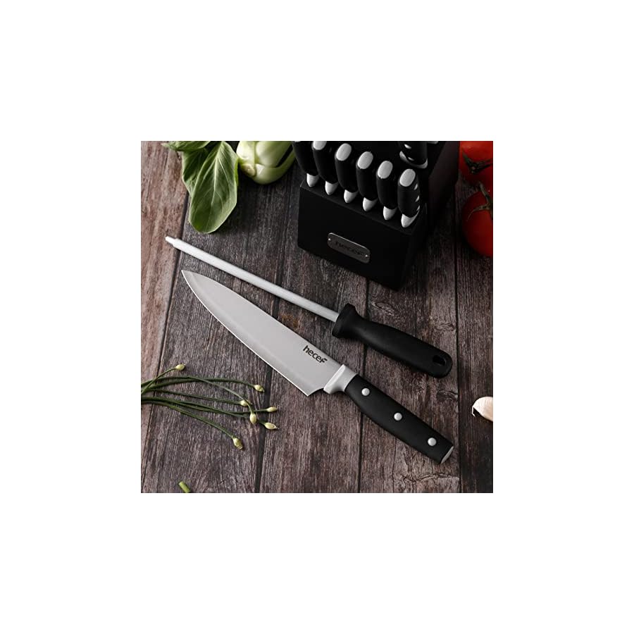 hecef-Kitchen-Knife-Block-Set-14-Pieces-Knife-Set-with-Wooden-Block-Sharpener-Steel-All-purpose-Scissors-High-Carbon-Stainless-Steel-Cutlery-Set-Black hecef Kitchen Knife Block Set, 14 Pieces Knife Set with Wooden Block & Sharpener Steel & All-purpose Scissors, High Carbon Stainless Steel Cutlery Set (Black)