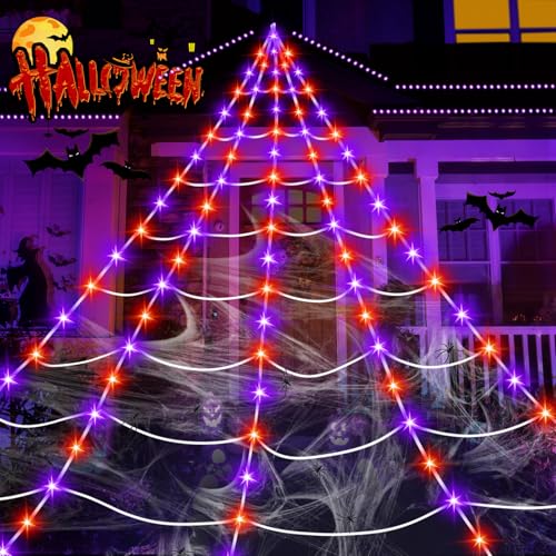 Halloween Decorations Outdoor, 250LED 23x18 FT Giant Spider Web with Purple Orange Lights, Lighted Triangular White Spider Web with Sturdy Wire, Waterproof, Timer, 8 Modes for Yard Halloween Décor