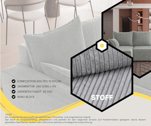 4ALL HOME Ecksofa mit Schlaffunktion Tobi 246x145 cm - Couch - Sofa mit Bettkasten - Eckcouch - L-Form - Schlaffsofa - Schlafsofa mit Bettkasten - Universal (Cord Poso 55 Grau)