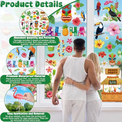 Image of 103 PCS Hawaiian Window Clings, 9 Sheets Tropical Hawaiian Party Decorations, Double-Sided Summer Window Clings with Tiki Masks Hibiscus Lei Patterns, Aloha Party Decorations for Home Office
