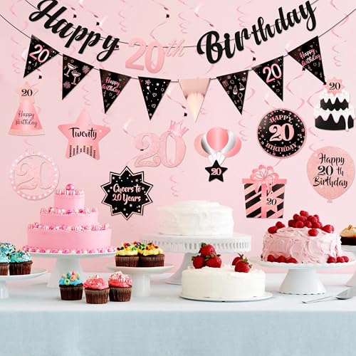 Image of 20th Birthday Decorations Rose Gold Pink Pre Strung Happy 20th Birthday Banner and Hanging Swirls for Women 20 Year Old Party Decorations Supplies