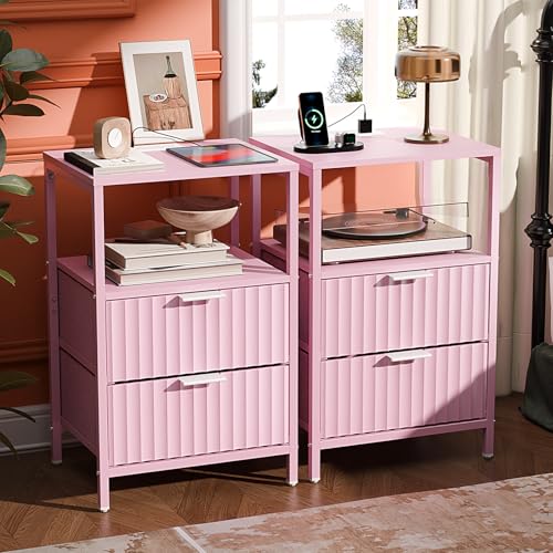 Image of VINGLI Night Stand Set 2 with Fabric Drawers, Pink Nightstands with Charging Station, Fluted Nightstand Pink Bedside Table /Side Table for Bedroom, Night Stand Small with Charging Station for Kids Room