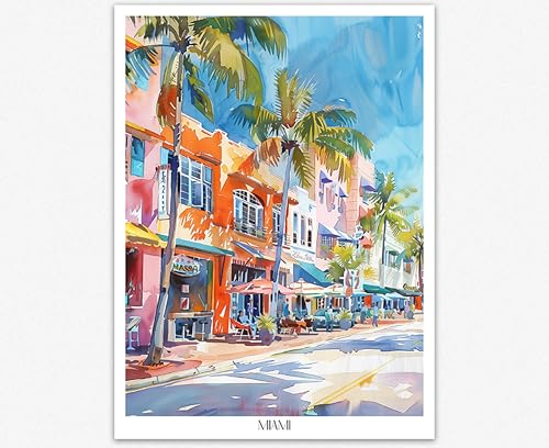 Affiche de Miami aquarelle et poster paysage urbain côtier pour décoration salon
