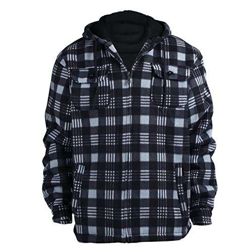 Image of TanBridge Men's Cotton Plaid Shirts Jacket Full Zip Fleece Flannel Sherpa Lined Hoodies Heavyweight Hoodies Jacket for Men