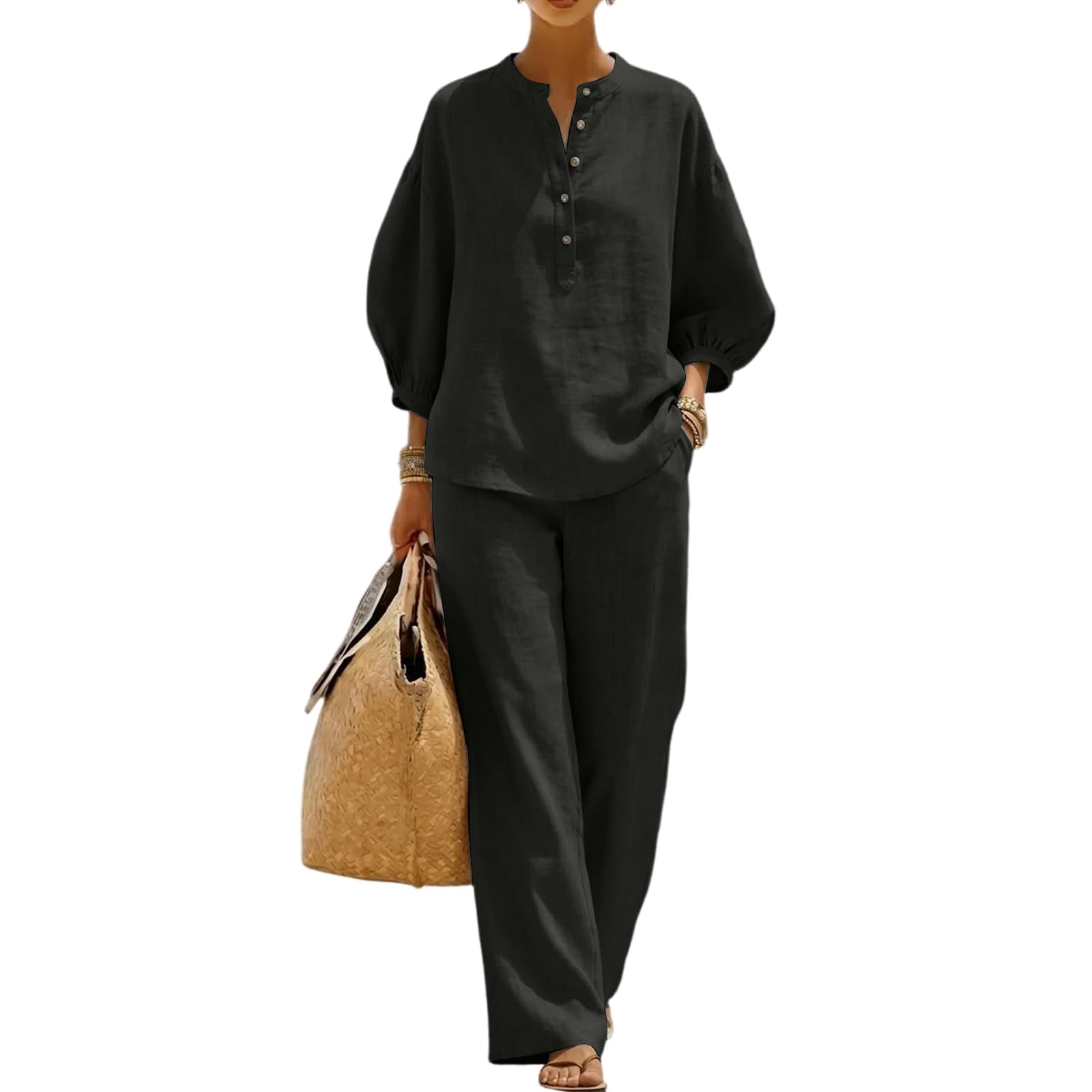 Generisch Zweiteiler Damen Sommer Langarmshirt Und Freizeithose Mit Taschen Knopf 2 Teiler Set Luftig Freizeitanzug, S-2Xl