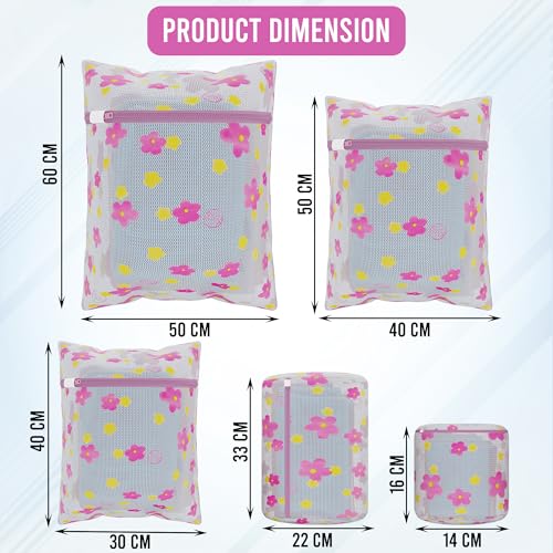 Image of Kuber Industries Pack of 5 Polyester Mesh Laundry Bag with Zip | Reusable Washing Bags for Washing Machine | Ideal for Lingerie, Delicate Fabrics & Shoe Protection | YZ-1-4 | Sunflower Design - Pink