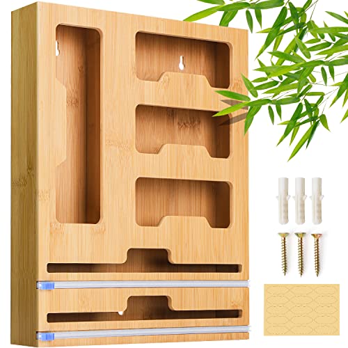 Wattne Bag Storage Organizer For Kitchen Drawer & Wrap Dispenser With Cutter, 6 In 1 Bamboo Organizer Compatible With 12" Aluminum Foil Roll, Suitable For Gallon, Quart, Sandwich Bags, Roll Etc #TOP4