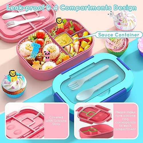Image of Bento Box Kid Adult Lunch Box 2 Pack, Leakproof Bento Lunch Container 4 Compartment Bento-Style Lunchbox with Utensil Set, On-the-Go Meal and Snack Packing for School, Work, Picnic