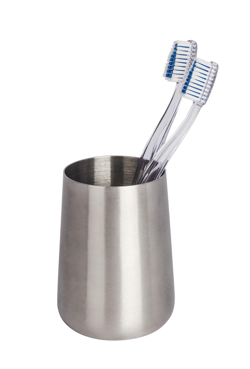 WENKO Vaso de dientes Acero Fino Solid SATINADO, Acciaio Inox antiruggine, Argento Opaco, 8 x 8 x 10 cm