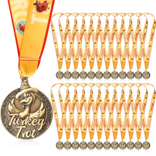 Loetere 24 Pcs Turkey Trot Award Medals 2 Thanksgiving Awards Trophy with Neck Ribbon Winner Prizes Bulk Gifts for Team Prize Participation Competitions Achievement Party Favors Decoration