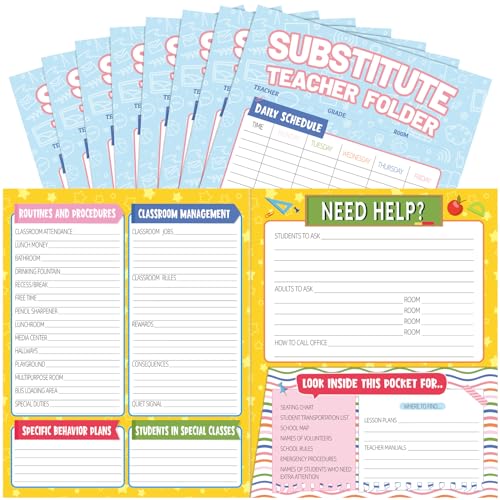 MotiMind 8 Pack Substitute Teacher Folder - Elementary School Teacher Supplies with Daily Class Schedule & Classroom Routines Management