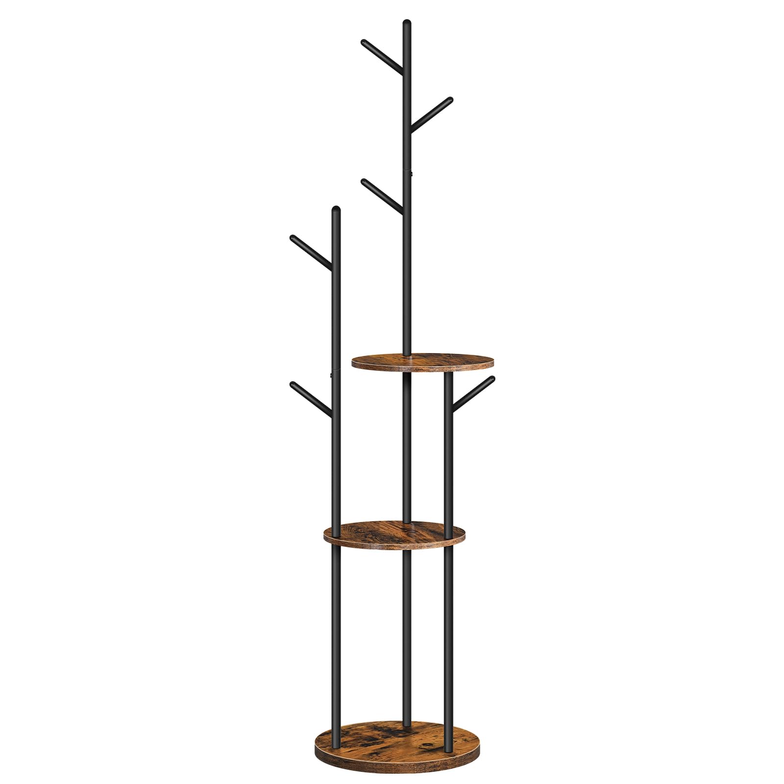 HOOBRO Garderobenständer, Freistehender Kleiderständer, Garderobe in Baumform Garderobenständer mit 6 Haken und 3 Regalen, für Kleidung, Hut, Wohnzimmer, Schlafzimmer, Braun und Schwarz EBF36YM01