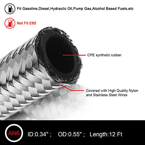 12Ft 6AN 3/8 Fuel Line Hose Braided Stainless Steel W/6pcs AN6 Hose Fitting Kit Blue & Red
