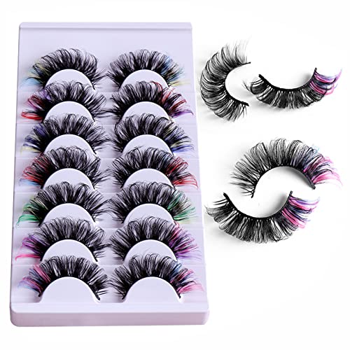 Colored Eyelashes Mink Lashes With Color On End, Fluffy Colorful Lash Clusters, Dramatic Long Thick Cat Fox Eye Lashes Full Curly False Eyelash, 3D D Curl Salon Extensions Strip Pack 7 Pairs #TOP5
