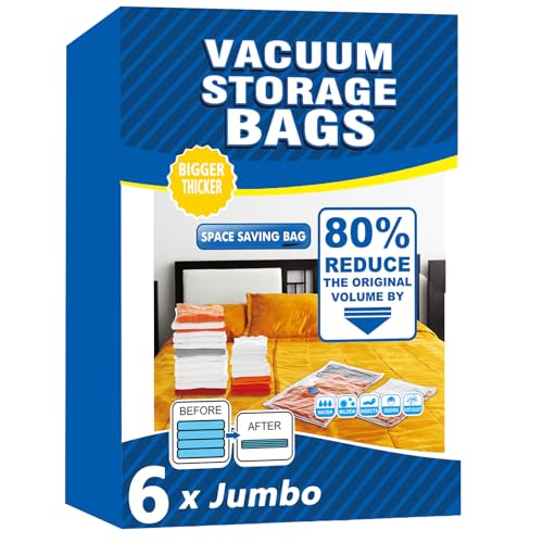 Vacuum Storage Bags - 6 Pack Jumbo (80X100cm) Space Saver Sealer Compression Bags Reusable Vacuum Bags for Storage Clothes Duvets Bedding Quilts Pillows Blankets Travel