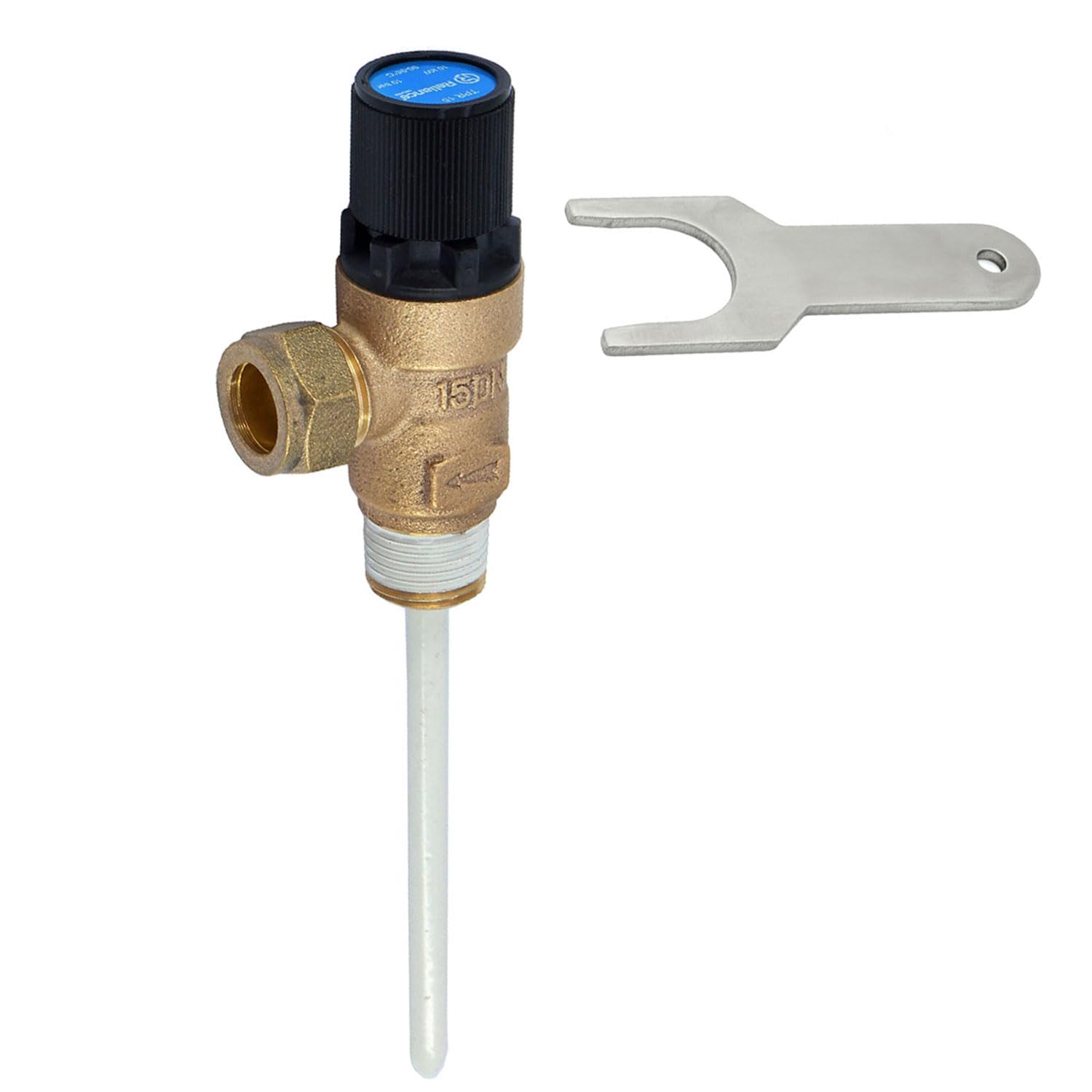 Unvented Components Europe Brass, Black, Blue, Silver Reliance – 10 Bar Tpr15 Pressure And Temperature Relief Valve 90-95°C + Tpr Service Key