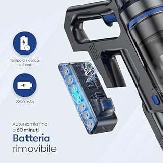 Olvy Aspirapolvere a batteria 2 in 1 – senza fili, senza sacchetto – 35.000 Pa potenza di aspirazione, 5 livelli, Display LED, filtro HEPA