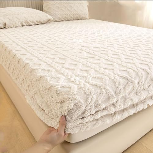 Sábana bajera ajustable de terciopelo y franela para invierno, forro polar suave y fino, cálida y antideslizante, color sólido, acogedora ropa de cama de felpa para cama de tamaño Queen (beige, 90 x