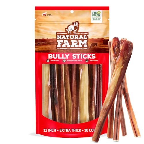 Natural Farm Extra-Thick 12-Inch Beef Bully Sticks Dog Chews (10-Pack) - Odor-Free Dental Treats for Dogs
