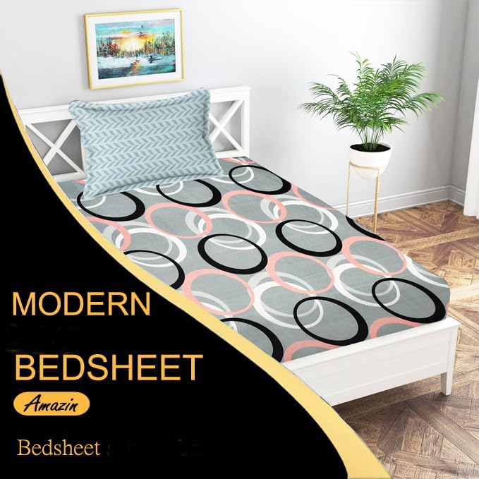 Image of IVAZA Ezyption Cotton Soft and Warm Mix N Match Bedsheet Set for Single Size Bed Soft Durable bedsheet with1 Pillow Cover Grey Circle