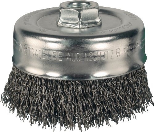 Image of PFERD 82511 Power Crimped Cup Wire Brush, Threaded Hole, Carbon Steel Bristles, 4 inch Diameter, 0.020 inch Wire Size, 5 /8 inch-11 Thread, 9000 Maximum RPM