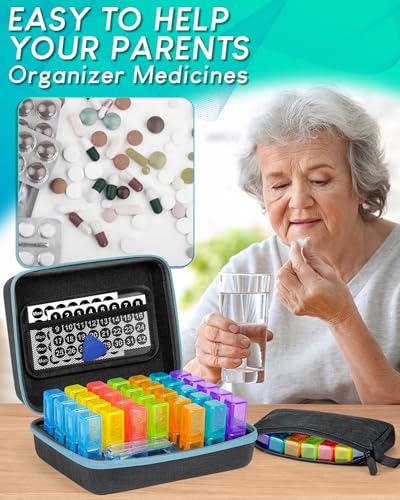 Image of Monthly Pill Organizer 2 Times a Day, with Portable Hard Shell, Pill Cutter, 31-Day Box, Plastic Opening Pick, Monthly & Weekly Stickers, Convenient Medication Management (Blue, 2 Times a Day)