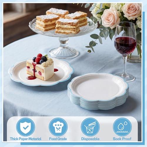 Image of NatNarr 30 Pcs Blue and White Paper Plates 7 Inch Plates with Blue Trim | Scalloped Cute Plate Dessert Cake Plate Disposable for Summer Pool Party, Baby Shower, Wedding, Bridal Shower, Birthday