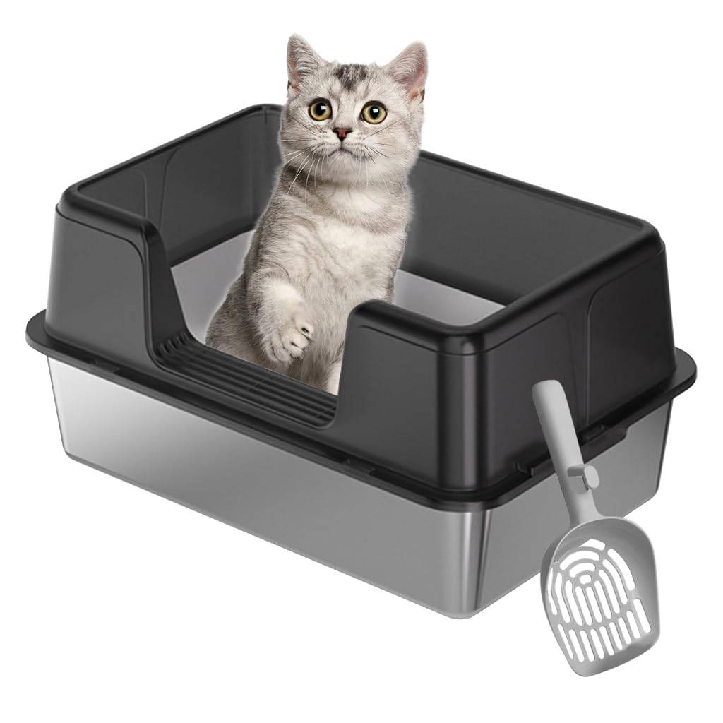 Qpets® Stainless Steel Cat Litter Box, Roofless Cat Litter Box Large Cat Litter Box with Elevated Anti-Splash PP Guard Design - 50x28x35CM-image-16