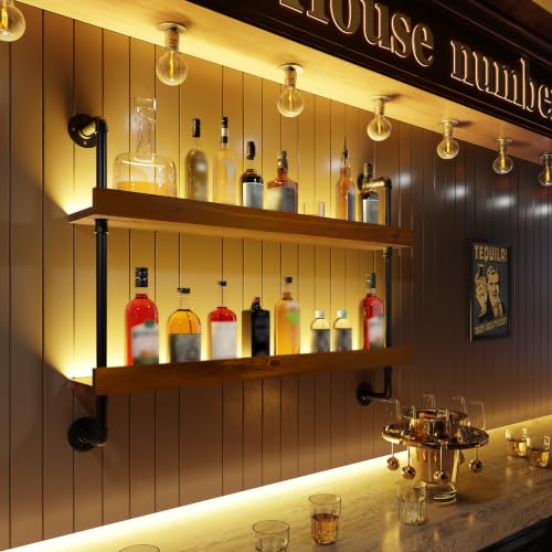 Image of Bar Shelves, Wall Mounted Wine Rack, Walnut Brown, 36 Inch | 2 Tier, Industrial, Solid pine shelves, black pipe brackets, 40 lbs per shelf, wine, liquor, bar decor, with LED light