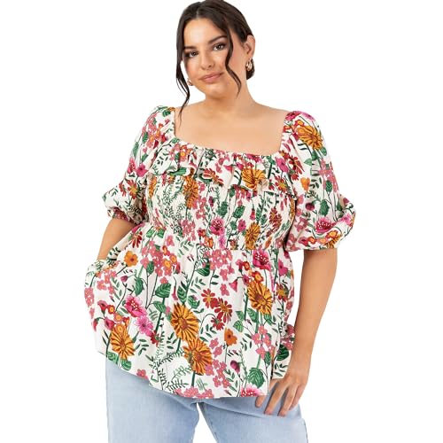 Image of Lovedrobe Women's Peplum Top Square Neckline Short Puff Sleeves Fit and Flare Ruffles Frills Milkmaid Blouse Floral Pattern 46, Floral Print, 20