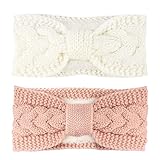 Stirnband Damen Winter, 2 Stück Stirnbänder Strick, Haarband Ohrenwärmer Winterstirnbänder Elastische Haarreifen Ohrenschützer(Weiß+Rosa)