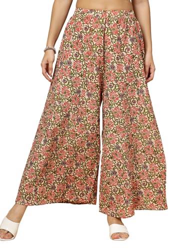 Image of Pistaa's Women's Regular Fit High Rise Pure Cotton Big Flair Printed Regular Palazzo