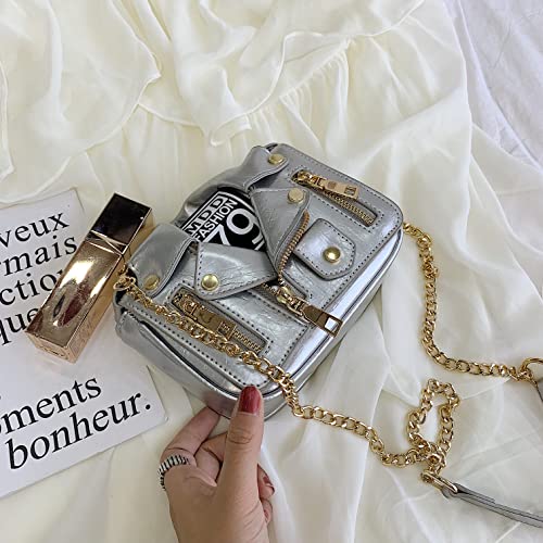 Women Crossbody Bags Chain Shoulder Jacket Bags Motorcycle Messenger Bag Leather Handbags for Girls Purse (Silver)4