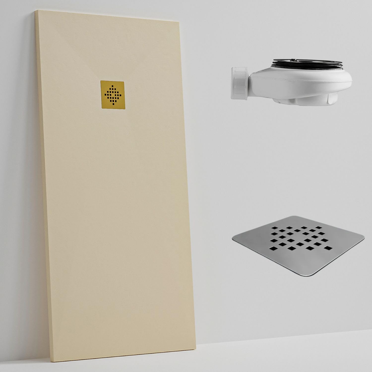 SOULHOME Brodzik prysznicowy– Żywica– Gel Coat– Gładki Jedwab tekstura – Antypoślizgowy – Kolor intensywnie kremowy – 100x100- Niski 3 cm– Z dodatkowym syfonem – Ruszt Złoty
