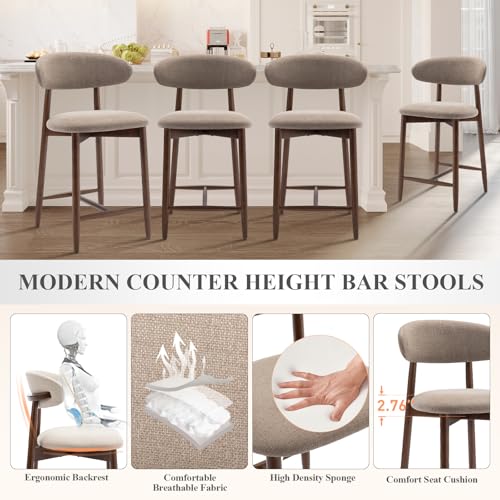 Image of Upholstered Counter Height Bar Stools Set of 4, Kitchen Island Stools with Back, Modern Counter Stools Island Bar Chairs with Wood Legs for Kitchen Island Dining Room Bar, Camel
