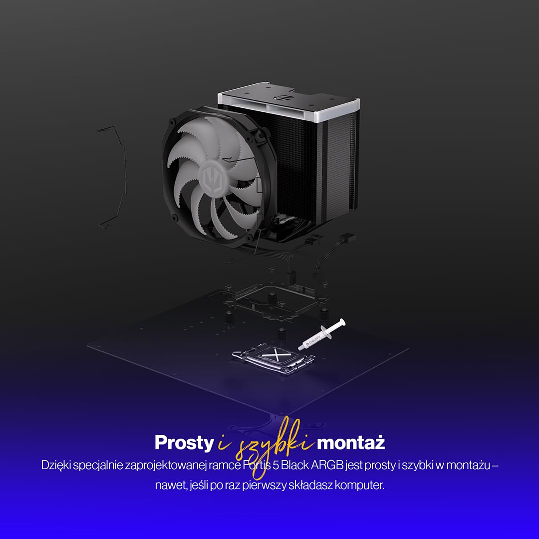ENDORFY Fortis 5 Black ARGB – Chłodzenie CPU wieża, wentylator Fluctus 140mm PWM ARGB z fan-stop, 6 ciepłowodów, TDP 220W, do AMD AM4/AM5 i Intel LGA1700/1851, Czarny