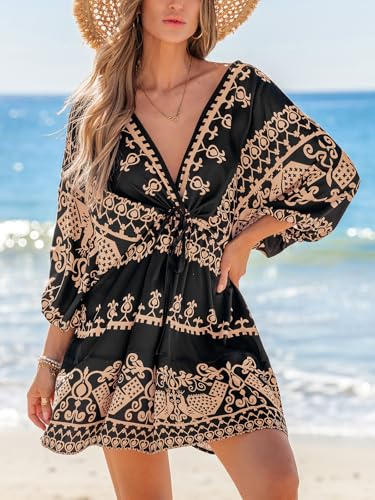 Image of CUPSHE Women's Plunging V Neck Backless Beach Dress Paisley Boho Blouson Sleeve Back Tie Waist Tie Mini Summer Dresses