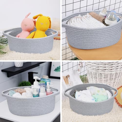 Image of ABenkle Small Basket with Handles, Boho Decorative Rope Woven Dog Cat Toy Storage Bin Shelf Storage Organizer, Easter Christmas Gift Basket, 12 inchx8 inchx5 inch