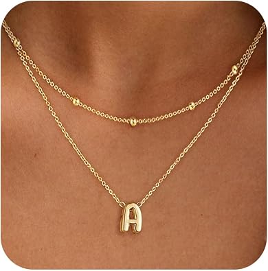Layered Initial Necklaces for Women, Dainty Bubble Letter Necklace 14K Gold Plated Layering Initial Necklace Set Simple Gold Necklace Stack Cute Name Necklaces for Women Trendy Gold Jewlry