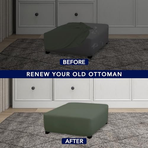 Image of PureFit Super Stretch Form Fit Square Ottoman Cover Rectangle - Ottoman Slipcovers for Foot Stool & Folding Storage Furniture for Living Room with Nonslip Elastic Bottom (Medium-XL, Grayish Green)