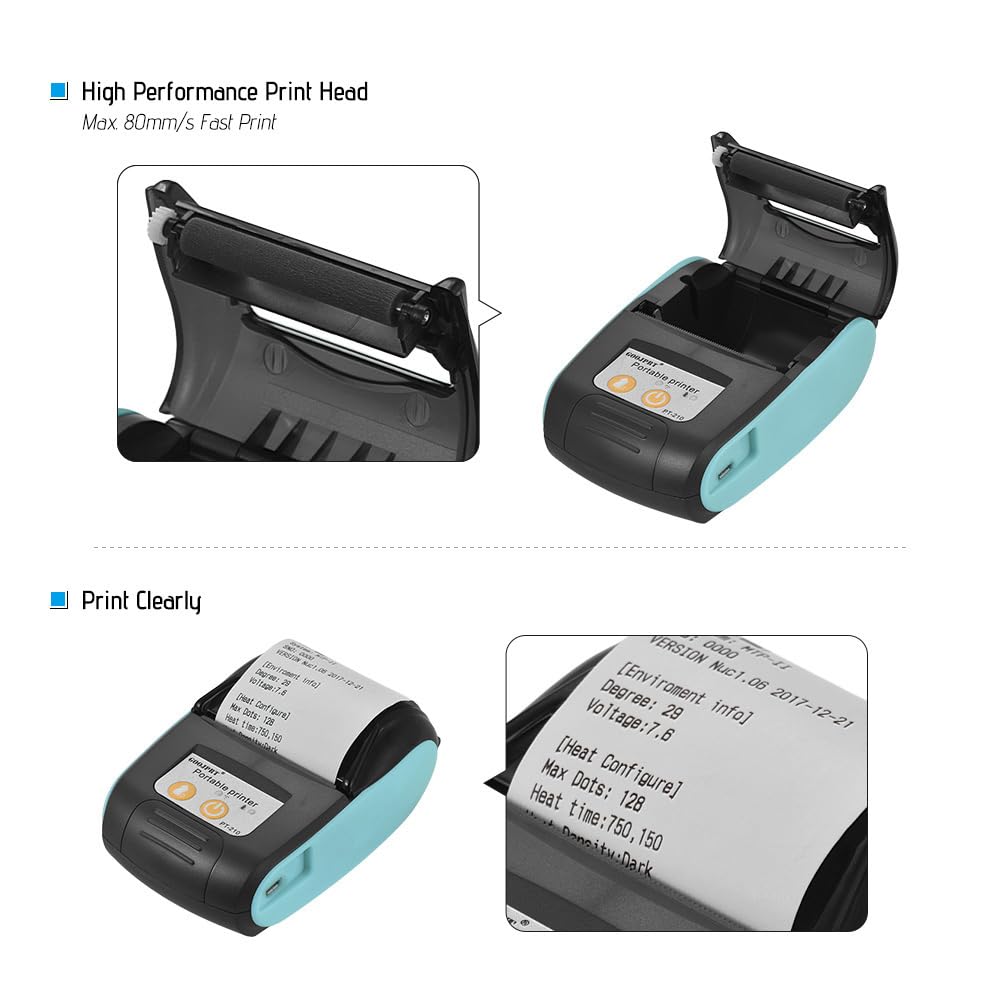 Impresora térmica de Recibos Impresora térmica portátil Pt-210 Impresora de Recibos 58 mm para minoristas Restaurantes Fábricas Logística 10 Rollos de Papel Compatible con iOS Android