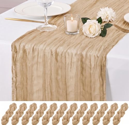 12 Pack Beige Cheesecloth Table Runner 17x108 Inch Boho Rustic Semi Sheer Gauze Cheese Cloth Table Runner for Wedding Bridal Shower Baby Shower Party Farmhouse Dining Table Decor by GRYSERIN - Used condition - US$19.79