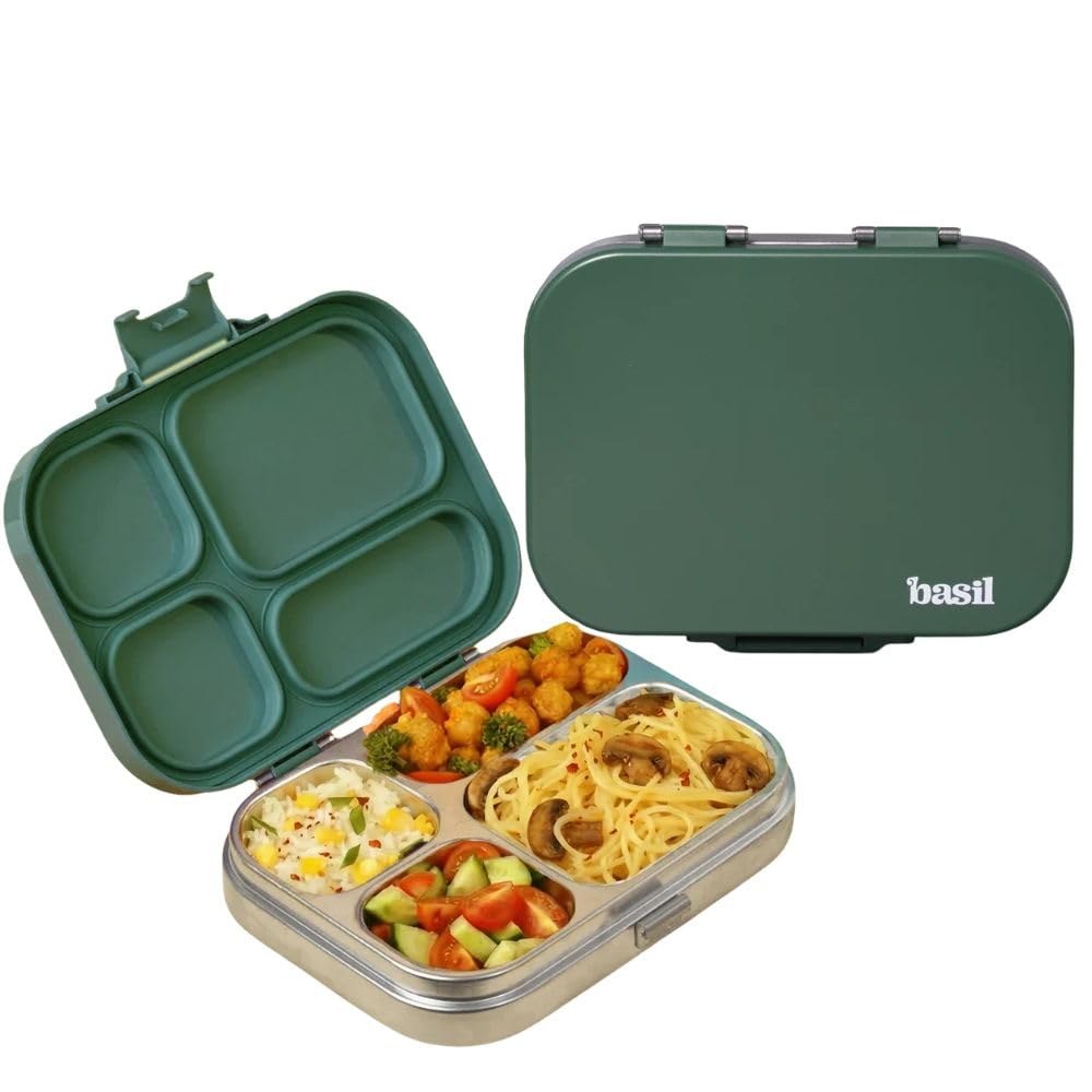 Basil Bento Box Quad - 4 Compartment Stainless Steel Lunch Box with BPA-Free Plastic Lid | 800 ml Leak-Proof Tiffin Box for Kids & Adults | Premium School, Office, and Picnic Lunch Box - Wild Wood